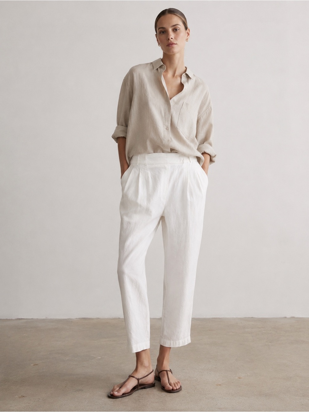 Vince White Linen Blend Pleated Tapered Crop Pants Fold Over Waist Size 10